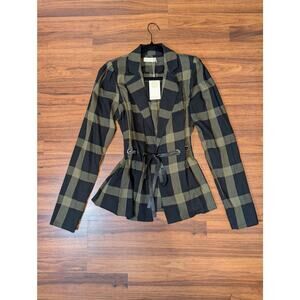 Ramy Brook New York Plaid Tie Waist Blazer Jacket- Green Black Metallic- S - NWT